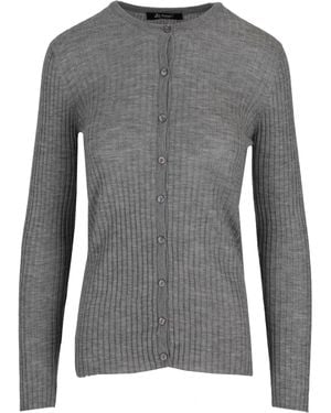LA ROSE Cash/Silk Ribs R Neck Cardigan - Grey