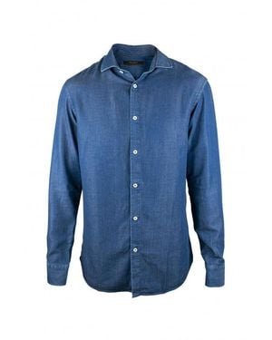 Moorer Cotton Denim Button-Front Shirt - Blue