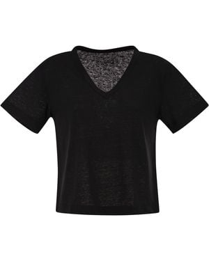 Majestic Camiseta de lino elástico con cuello en V - Negro