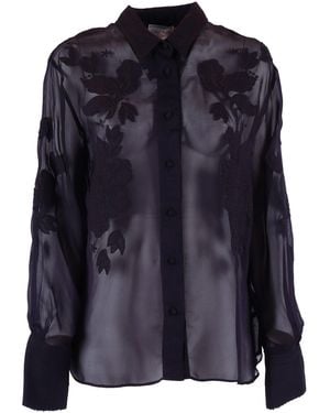 forte_forte Organic Shirt With An Iris Velvet Embroidery - Blauw
