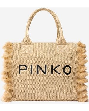 Pinko Raffia Shopping Bag With Logo - Natural