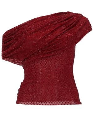 Self-Portrait Off-The-Shoulder Draped Crystal-Embellished Mesh Top - Red