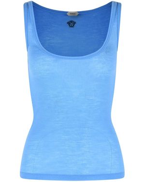 Versace Ribbed Virgin Wool Tank Top With Sky Embroidery - Blue
