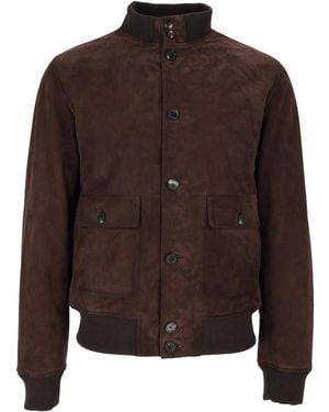 Stewart Suede Leather Bomber Jacket With Ribbed Knit Details - Brown