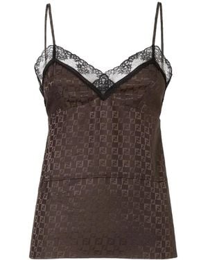 Fendi Jacquard Ff Lace-Trimmed Top - Brown