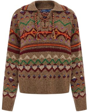 Polo Ralph Lauren Jacquard Patterned Wool Jumper With Lace-Up V-Neck - Brown