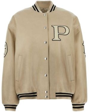 Prada Logo-Appliqué Leather Bomber Jacket - Natural