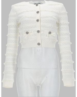 Self-Portrait Lace-Trim Cropped Cardigan With Jewel Buttons - White