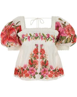 FARM Rio Printed Linen Blend Blouse - Red