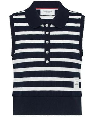 Thom Browne Poloshirt W7 mit rundem Kragen und Muschelkante aus gestreiftem Baumwollripp - Blau
