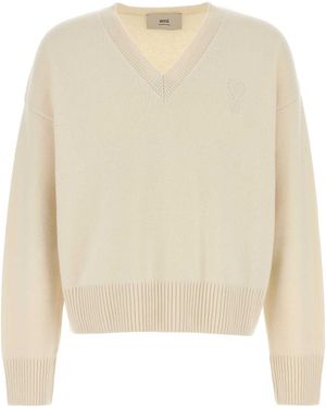 Ami Paris Ivory Wool Blend Sweater - Natural