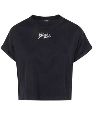 Balmain Logo Cotton Cropped T-Shirt - Blue