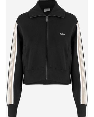 Autry Viscose Blend Sweatshirt With Zipper And Side Stripes - Black