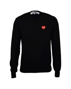 Comme des Garçons V-Neck Wool Sweater With Iconic Heart Emblem - Schwarz