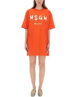 MSGM Short Dress With Logo - Orange
