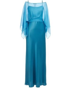 Alberta Ferretti Long Satin Dress With Removable Chiffon Cape Top - Blue