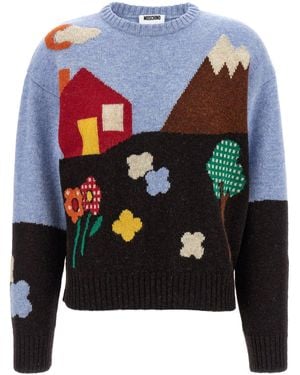 Moschino Shetland Wool Sweater With Landscape Intarsia - Blau