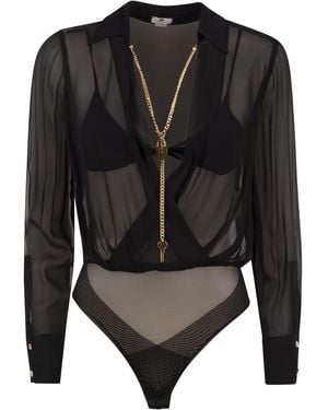 Elisabetta Franchi Voile Shirt Bodysuit With Jewel Necklace - Black