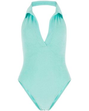 Lisa Marie Fernandez Stretch Seersucker Polo Maillot Swimsuit - Blue