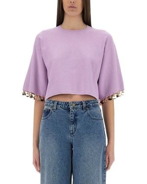 Rabanne Cropped Embellished Gathered Cotton-Jersey T-Shirt - Purple