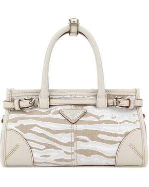 Prada Printed Canvas Small Bonnie Handbag - White