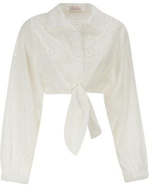 MC2 Saint Barth Leinen- und Baumwoll-Broderie-Anglaise-Kurzhemd mit Krawatte vorne - Weiß