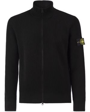 Stone Island Virgin Wool Ribbed Cardigan With High Neck And Zip - Black