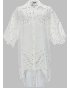 Charo Ruiz Embroidered Sheer Button-Front Tunic Shirt - White
