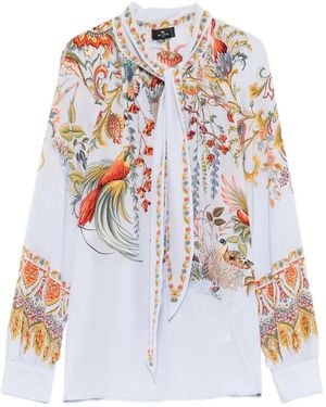 Etro – Bluse mit Vogelmuster und Bindekragen - Weiß