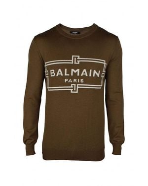 Balmain Khaki Wool Sweater With Center Logo - Grün