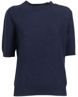 Fabiana Filippi Maglia Girocollo Manica Corta In Pailletten Lino Color Blu Notte - Blau