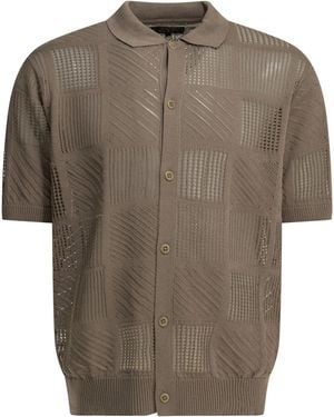Beams Plus Cotton Nylon Spandex Textured Knit Button-Down Polo Shirt - Brown
