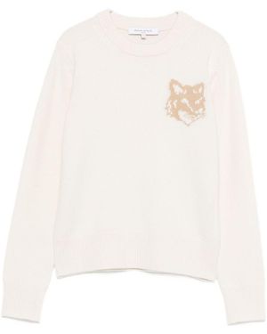 Maison Kitsuné Fox Head Wollpullover mit Rundhalsausschnitt - Weiß