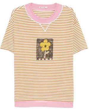 Marni Gestreept T-shirt Met Bloemenprint - Wit