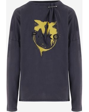 Pinko Long Sleeved Cotton T Shirt With Logo - Blue