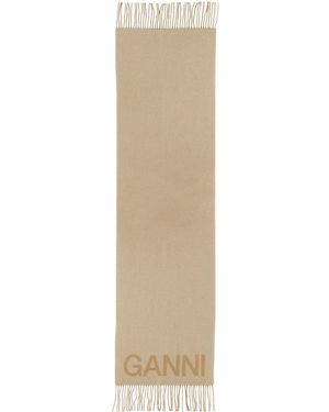 Ganni Scarf With Logo - Natural