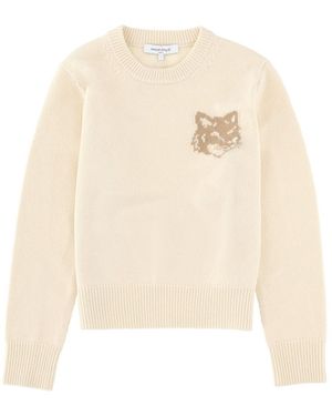 Maison Kitsuné Fox Head Jumper Wool Jumpers - Natural