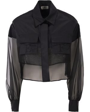Elisabetta Franchi Cropped Cotton Shirt With Silk Organza Inserts - Black