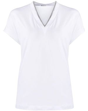 Brunello Cucinelli Glänzender Kragen Geripptes T -shirt - Wit