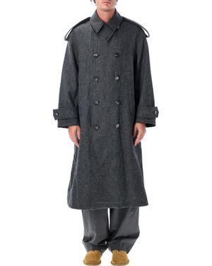 Ami Paris Wool Trench Jacket With Relaxed Double-Breasted Silhouette, Shoulder Tabs & Engraved Horn Buttons - Grey