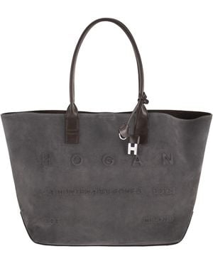 Hogan Suede Shopping Bag With Embossed Logo - Black