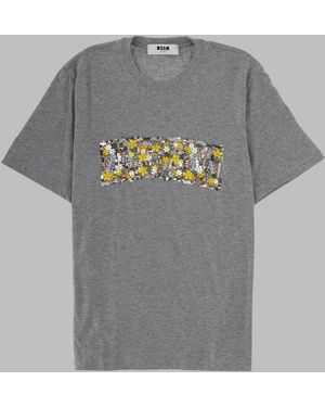 MSGM Sequin Floral Patch Cotton T-Shirt - Grey