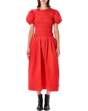Ganni Smocked Cotton Midi Dress - Red