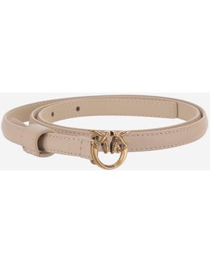 Pinko Leather Belt With Logo - Natural