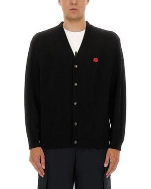 KENZO Relaxed Fit V-Neck Wool Cardigan - Schwarz