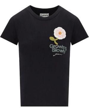 Ganni Baby Fit Crochet Anthracite T Shirt - Black
