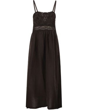Maurizio Mykonos Long Linen Dress With Embroidered Bodice And Slim Straps - Black