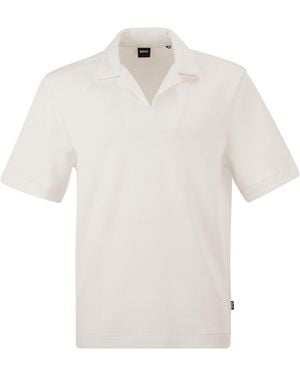 BOSS Textured Cotton Polo Shirt With Open Collar - White