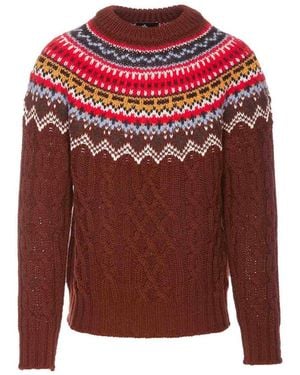 Moncler Grenoble Fair Isle Intarsia Cable Knit Wool Jumper - Red