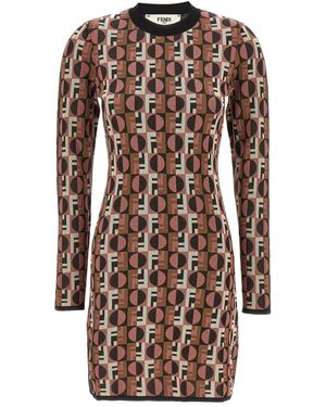Fendi Shiny Jacquard Viscose Mini Dress With Geometric P - Braun